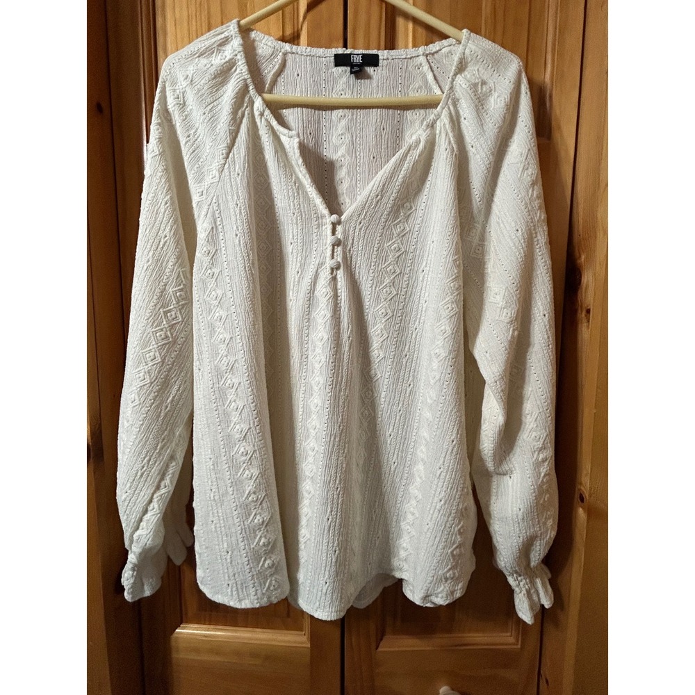 FRYE Textured Eyelet Blouse Salt Breeze V Neck Cottagecore Boho Peasant XL - Picture 2 of 7